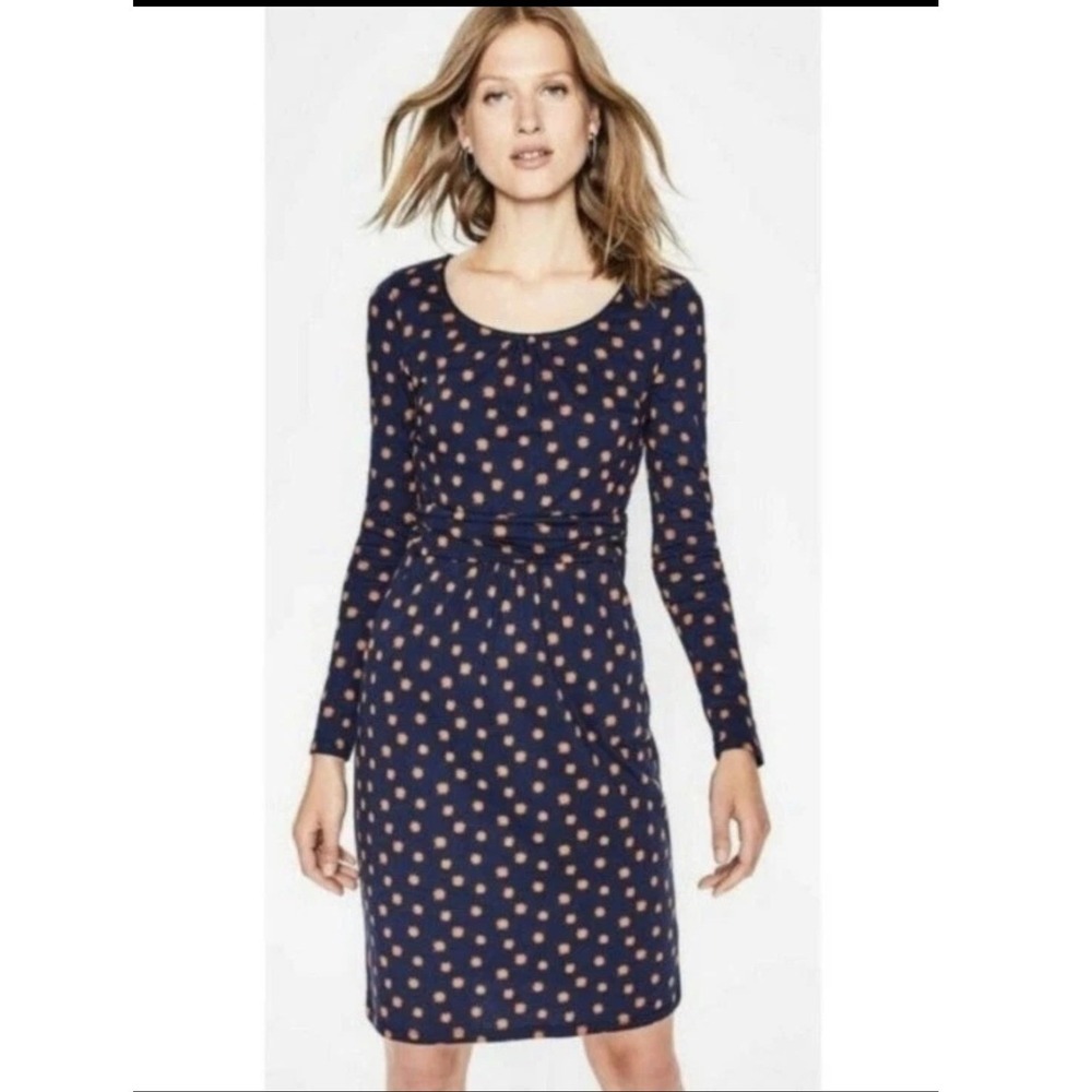 Boden Navy Blue Starburst Polkadot Print Jersey Dress Long Sleeve Pockets US 12